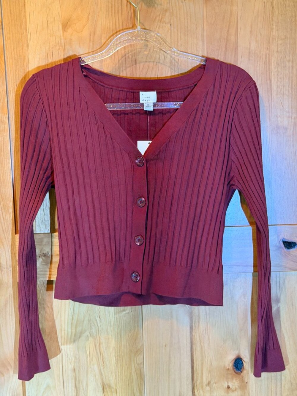 A New Day Maroon Ribbed Button Front Cardigan Size M NWT